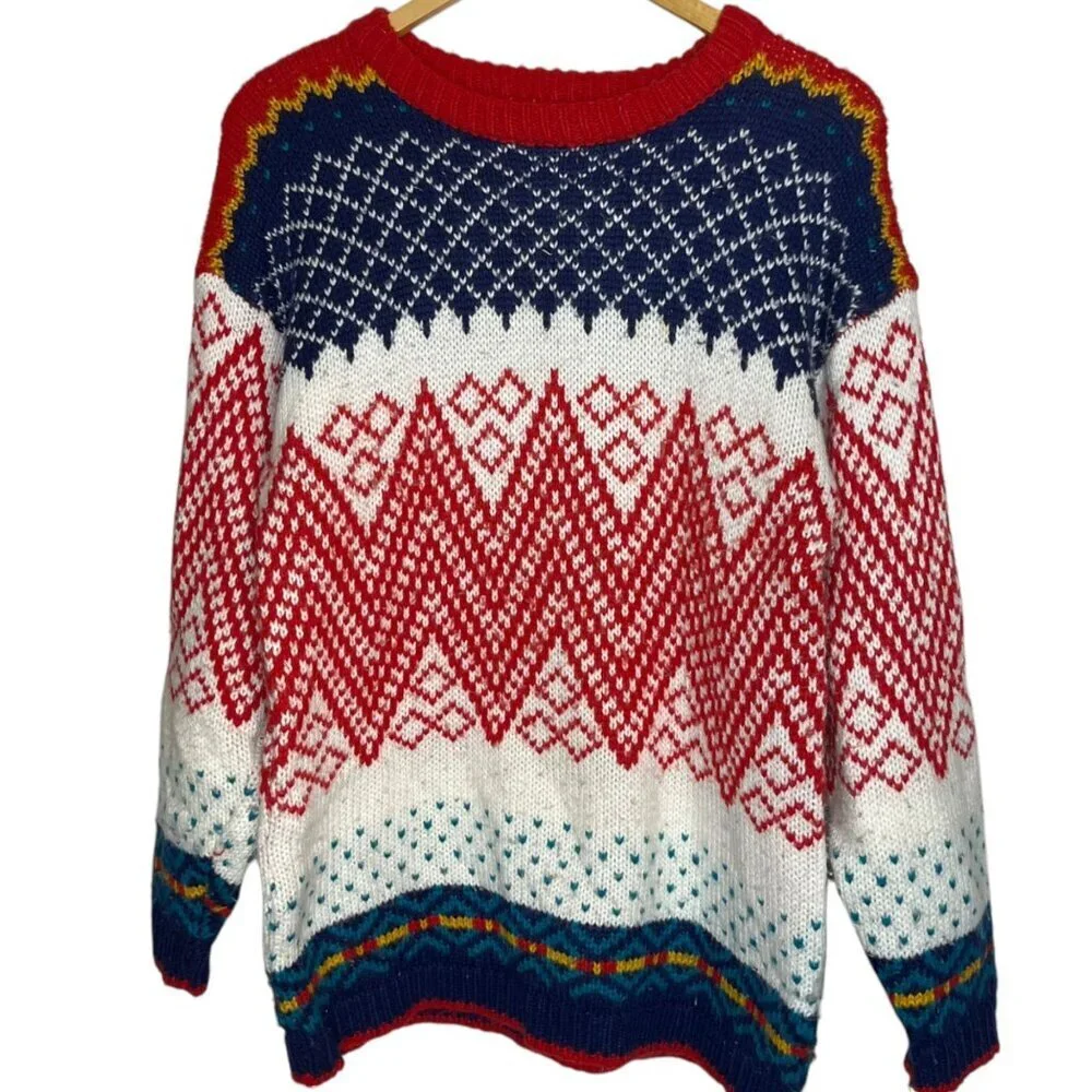 Vtg One Step Up Women's M Sweater Fair Isle‎ Diamond Knit 80s Acrylic Colorful